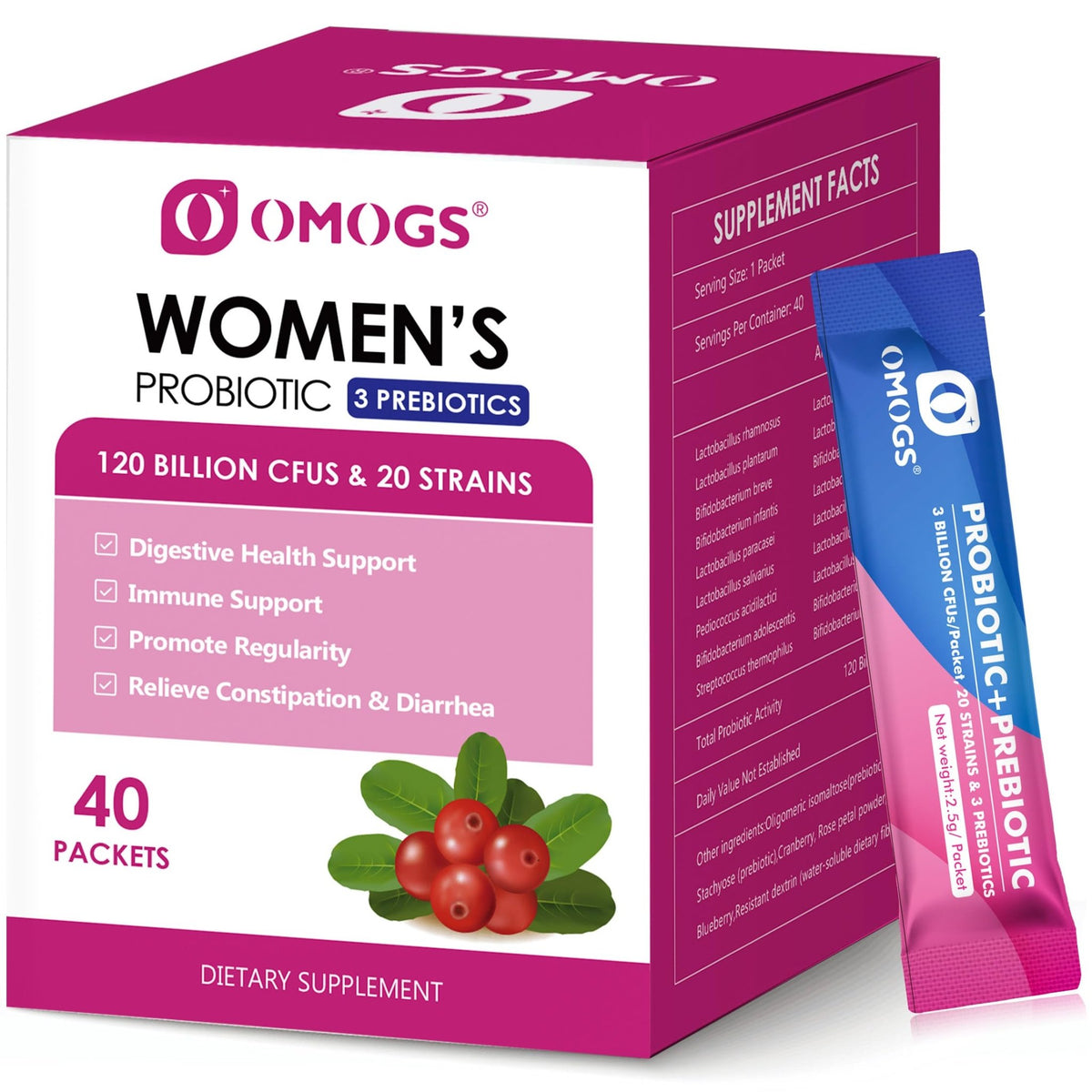 OMOGS Women's Probiotic,120-Billion-CFUs, 18 Strains, with 3 Prebiotics and Cranberry Extract, Help for Immune Booster, Digestive Health, Gut Health and Vaginal Health - dailyvitalstore
