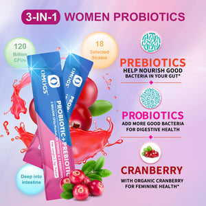OMOGS Women's Probiotic,120-Billion-CFUs, 18 Strains, with 3 Prebiotics and Cranberry Extract, Help for Immune Booster, Digestive Health, Gut Health and Vaginal Health - dailyvitalstore