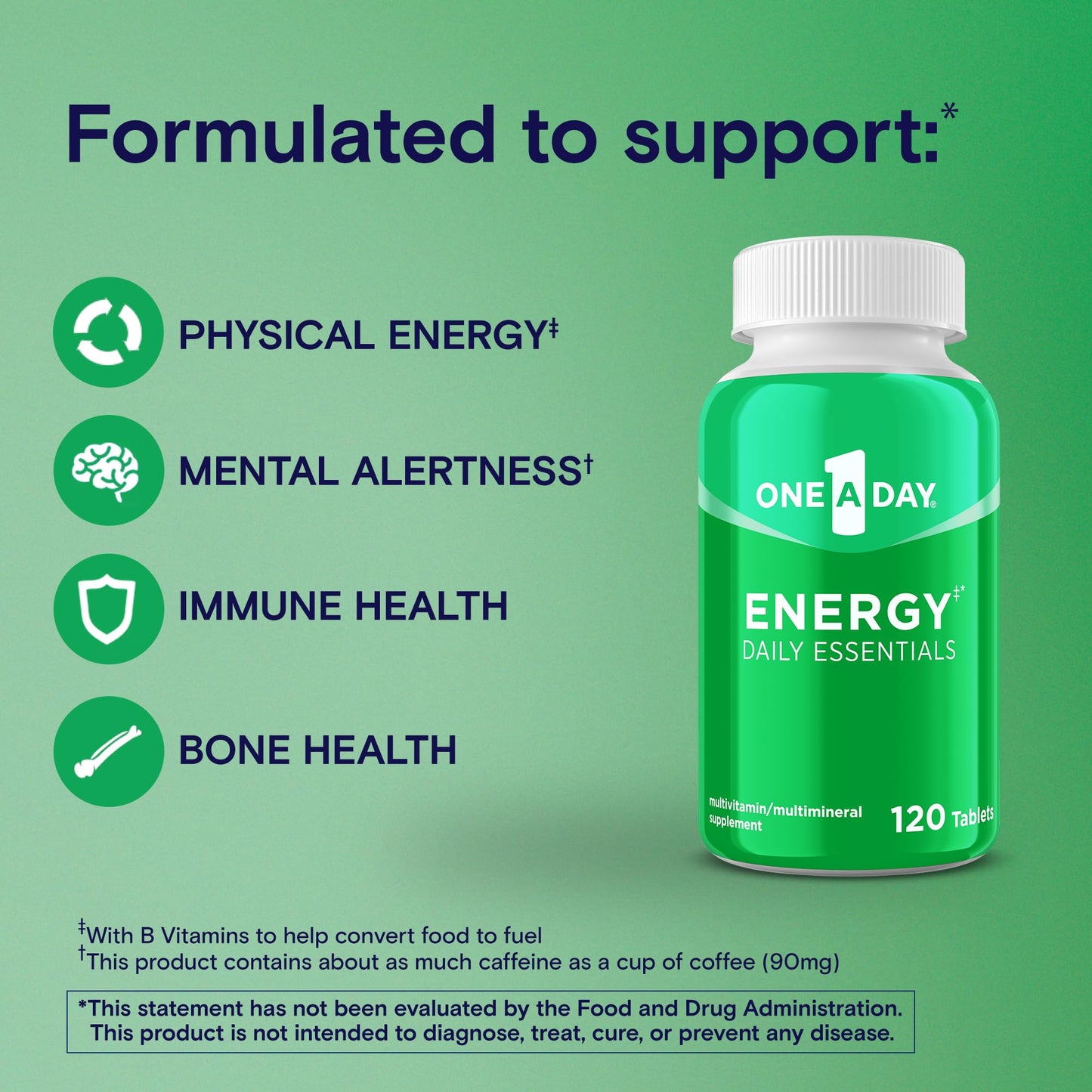 One A Day Energy Daily Essentials Multivitamin, Energy Supplement to Support Mental Alertness and Immune Health with Vitamins A C, D, E, Zinc and Caffeine, 120 Count - dailyvitalstore