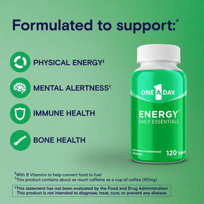 One A Day Energy Daily Essentials Multivitamin, Energy Supplement to Support Mental Alertness and Immune Health with Vitamins A C, D, E, Zinc and Caffeine, 120 Count - dailyvitalstore