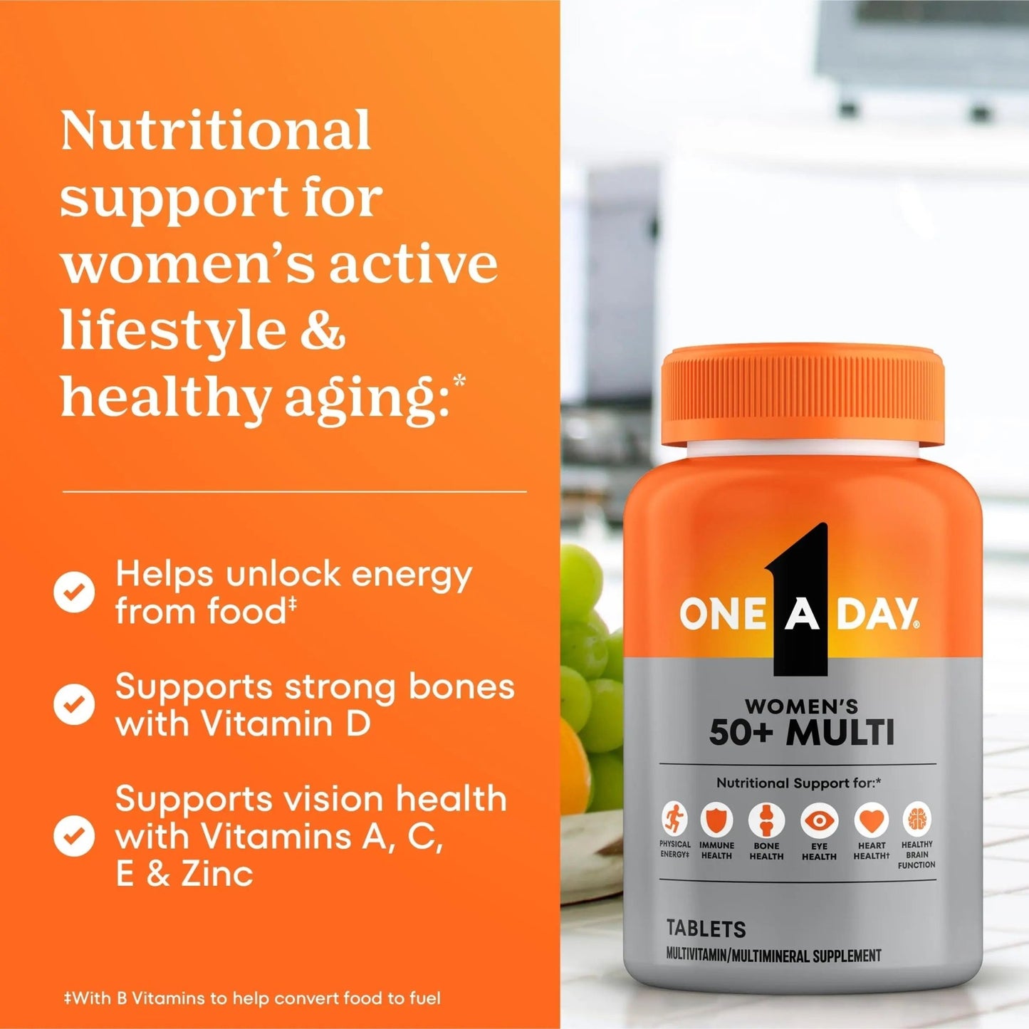 One A Day Multivitamin for Women 50 and Over Tablets, Womens Multivitamin 50 plus with Vitamins D, C, E, Zinc & Biotin, Daily Vitamins for Woman 50+, 65 Ct - dailyvitalstore