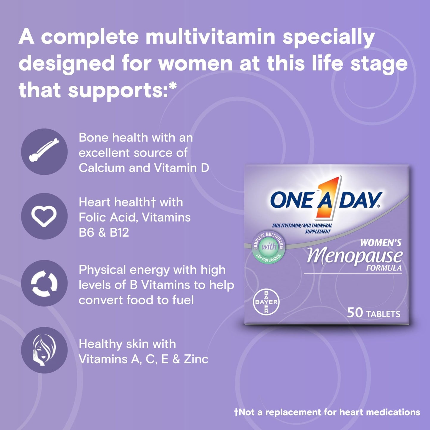 One A Day Women's Menopause Multivitamin with Vitamin A, Vitamin C, Vitamin D, Vitamin E and Zinc for Immune Health Support, Bone health, 50 Count - dailyvitalstore