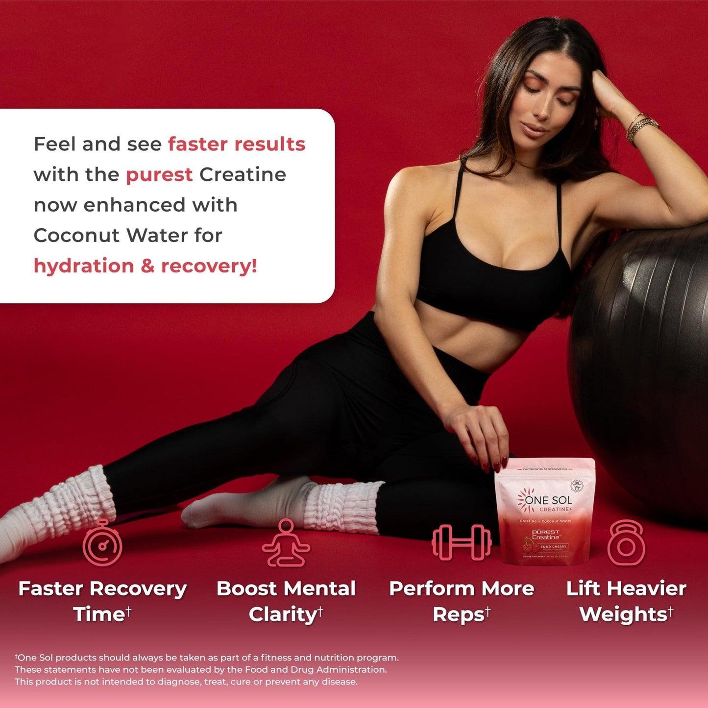 One Sol Creatine for Women, All Natural Women's Creatine Powder w Pure Creatine & Coconut Water, Increase Lean Muscle Mass, Reduce Recovery Time, Promote Brain & Bone Health (Sour Cherry, 60 Servings) - dailyvitalstore