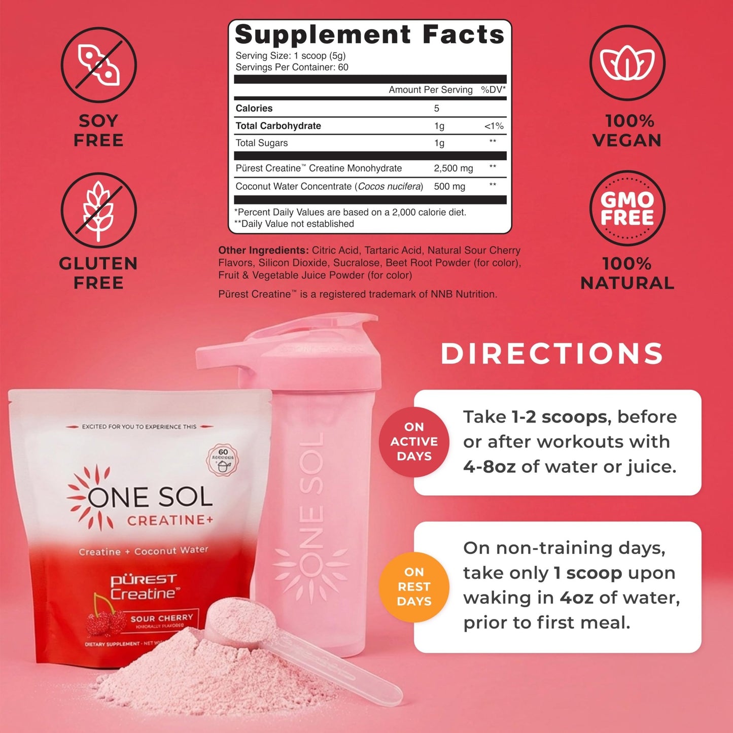 One Sol Creatine for Women, All Natural Women's Creatine Powder w Pure Creatine & Coconut Water, Increase Lean Muscle Mass, Reduce Recovery Time, Promote Brain & Bone Health (Sour Cherry, 60 Servings) - dailyvitalstore