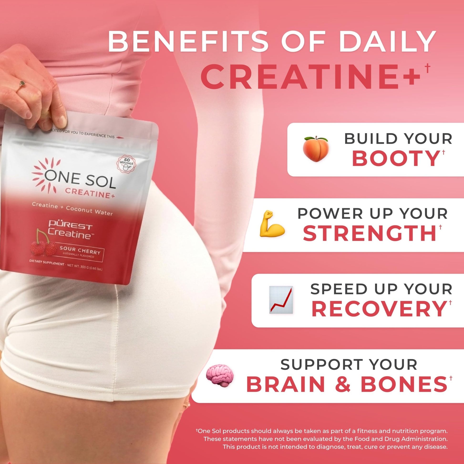 One Sol Creatine for Women, All Natural Women's Creatine Powder w Pure Creatine & Coconut Water, Increase Lean Muscle Mass, Reduce Recovery Time, Promote Brain & Bone Health (Sour Cherry, 60 Servings) - dailyvitalstore