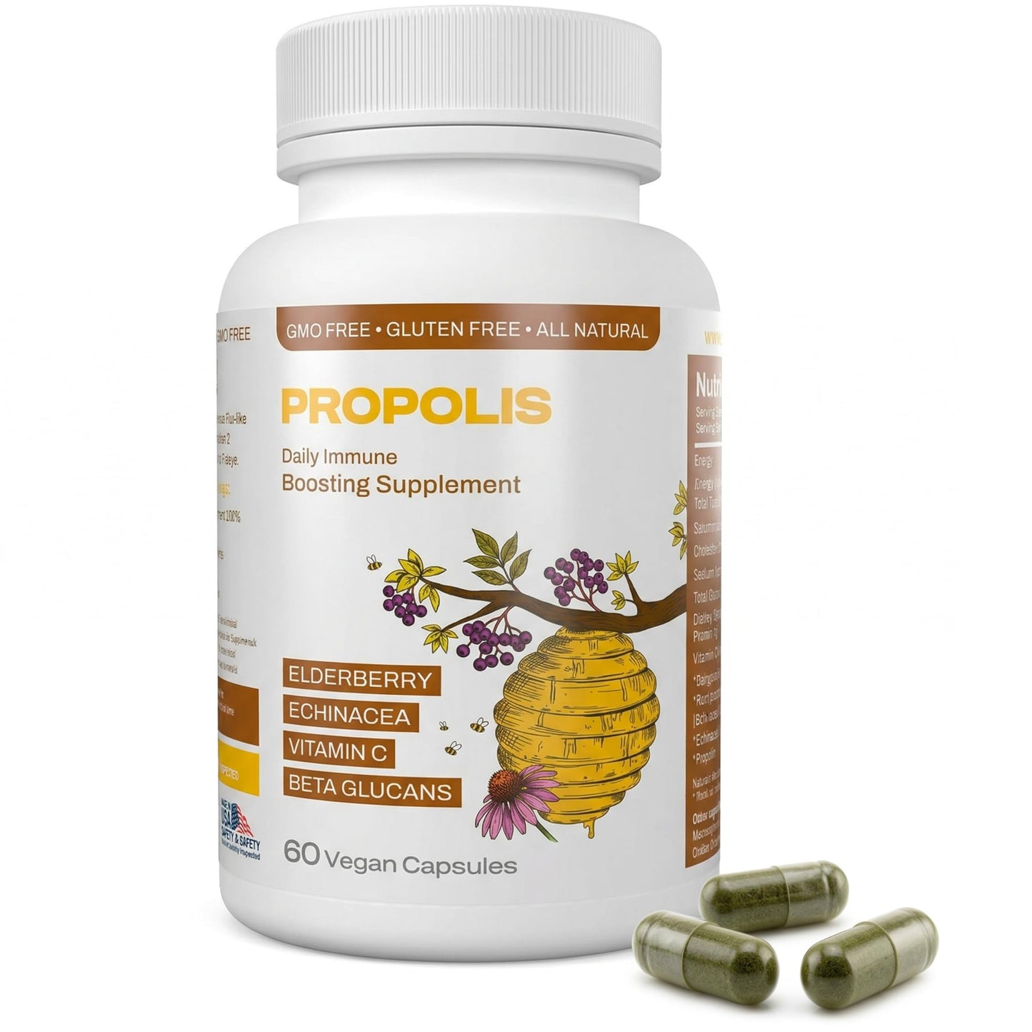 Only Nutri Labs Bee Propolis Dietary Supplement, with Elderberry, Echinacea, Vitamin C and Beta Glucans - Daily Wellness Capsules for Adults (60 Count) - dailyvitalstore