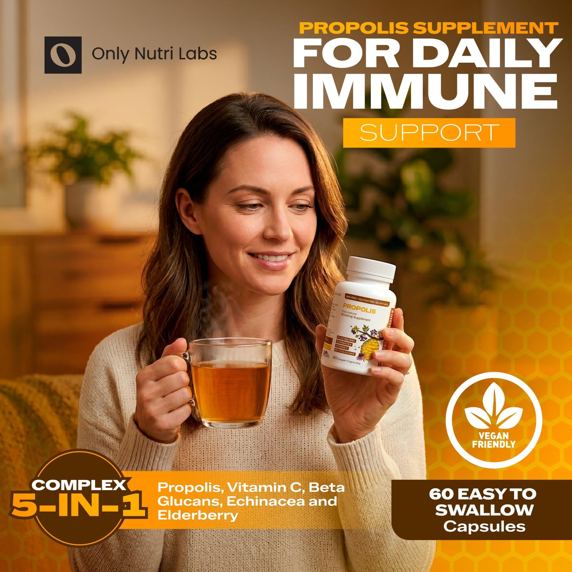 Only Nutri Labs Bee Propolis Dietary Supplement, with Elderberry, Echinacea, Vitamin C and Beta Glucans - Daily Wellness Capsules for Adults (60 Count) - dailyvitalstore