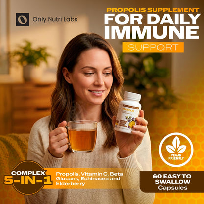 Only Nutri Labs Bee Propolis Dietary Supplement, with Elderberry, Echinacea, Vitamin C and Beta Glucans - Daily Wellness Capsules for Adults (60 Count) - dailyvitalstore