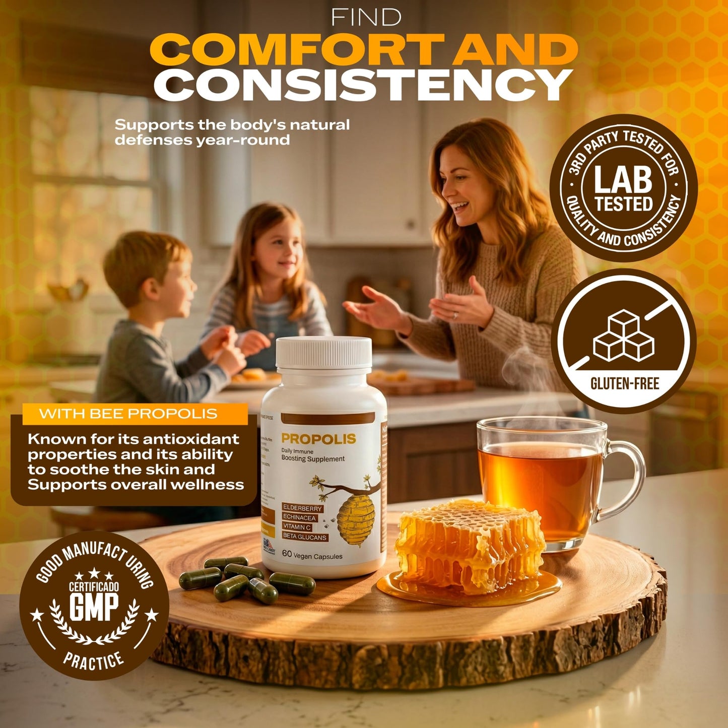 Only Nutri Labs Bee Propolis Dietary Supplement, with Elderberry, Echinacea, Vitamin C and Beta Glucans - Daily Wellness Capsules for Adults (60 Count) - dailyvitalstore