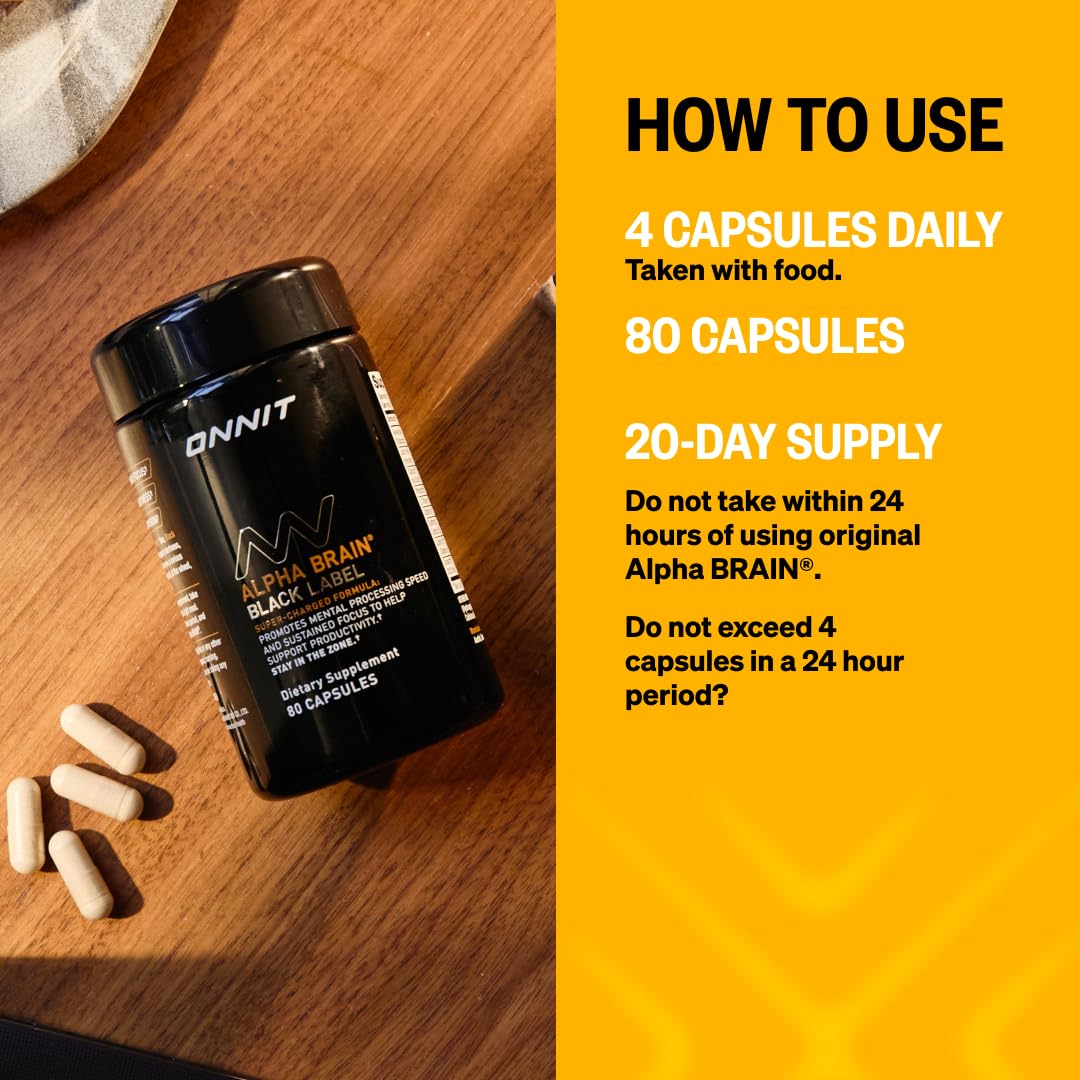 ONNIT Alpha Brain Black Label Capsules, IGEN Non-GMO Tested Citicoline Brain Supplement for Concentration and Memory, Lion’s Mane, Lutemax Lutein, L Theanine and Mucuna Pruriens, 80 Count - dailyvitalstore