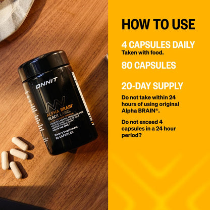 ONNIT Alpha Brain Black Label Capsules, IGEN Non-GMO Tested Citicoline Brain Supplement for Concentration and Memory, Lion’s Mane, Lutemax Lutein, L Theanine and Mucuna Pruriens, 80 Count - dailyvitalstore