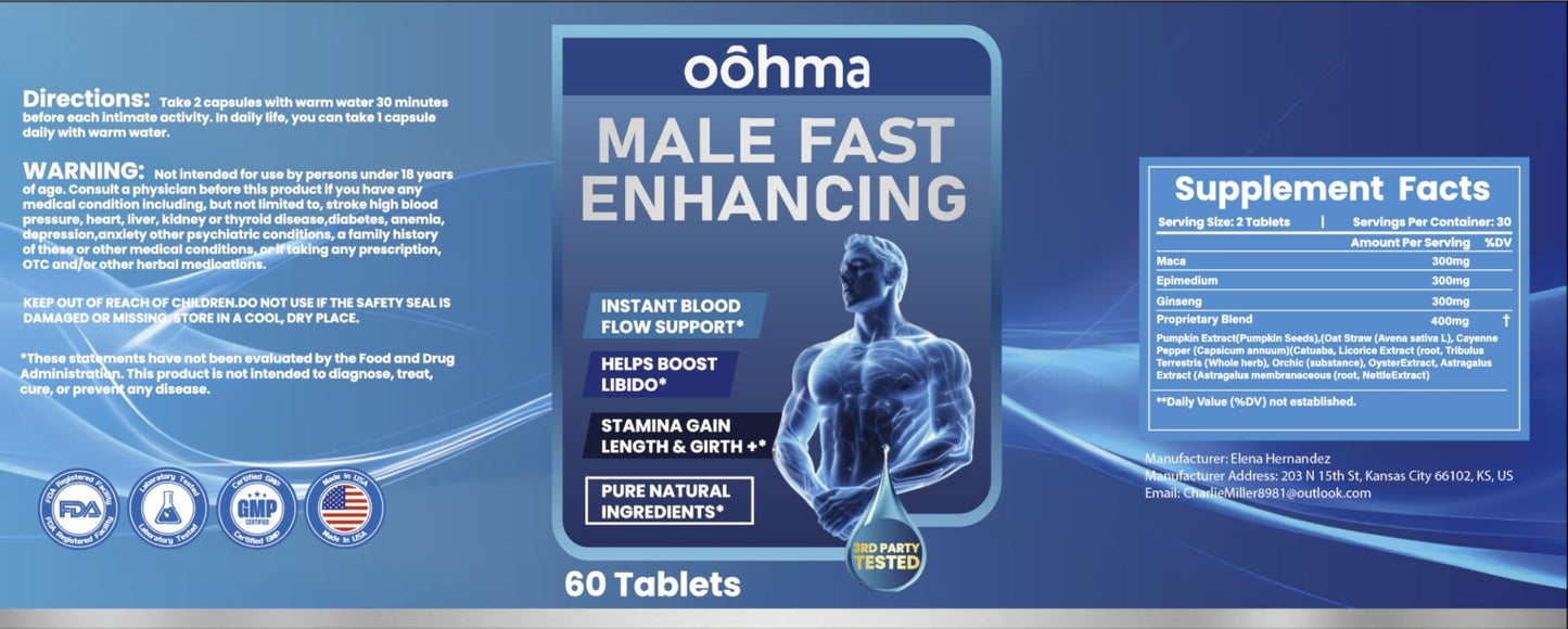 Oohma New Male Enhancing Supplement, Designed to be Fast Acting for Blood Flow to Gain Length & Girth + Stamina, Maca, Epimedium, and Other Natural Ingredients, 3rd Party Tested Supplement 60 Tablets - dailyvitalstore