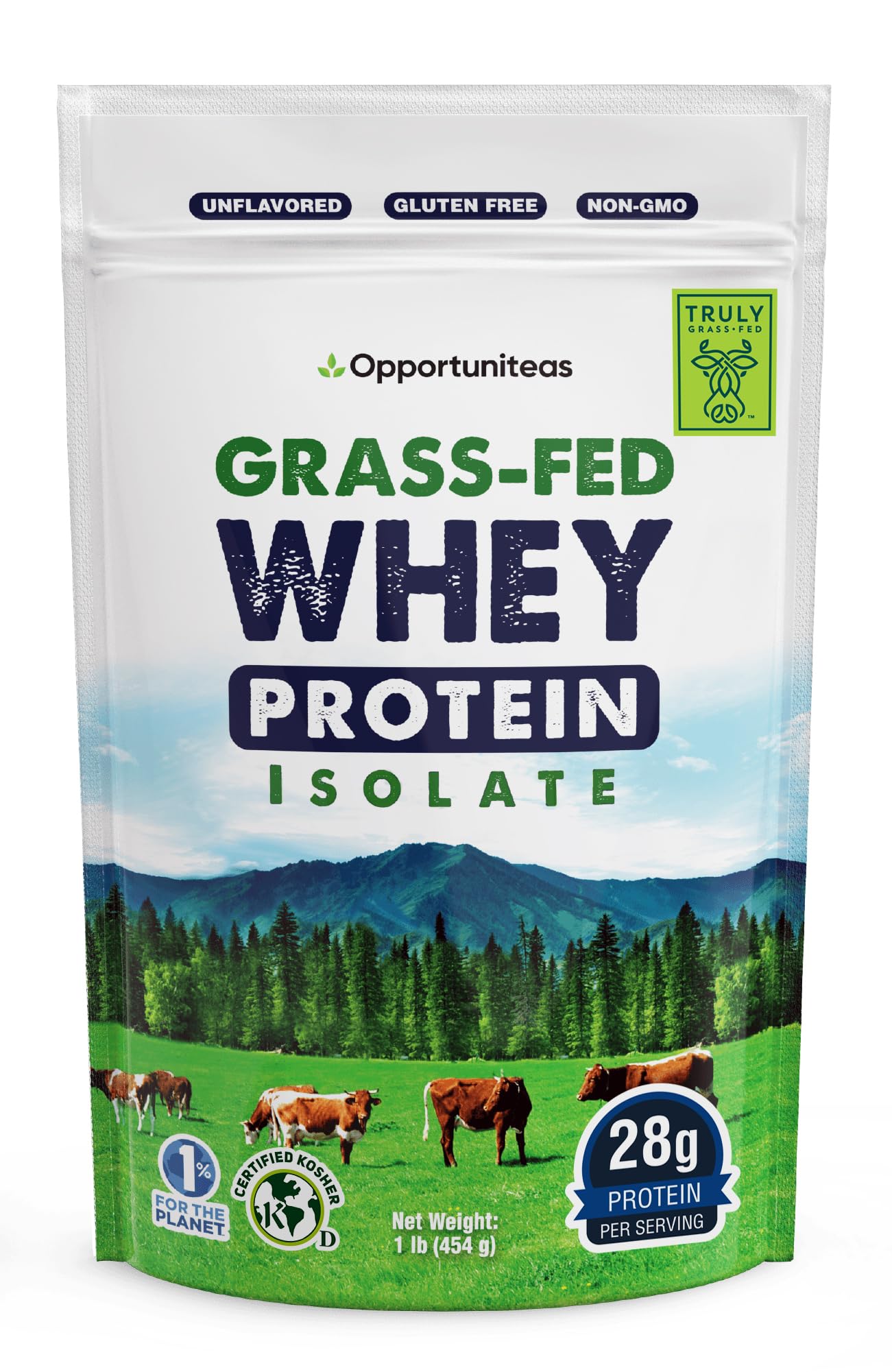 Opportuniteas Grass Fed Whey Isolate Protein Powder – Unflavored, Heavy-Metal Tested, 28g Protein, Sourced from Ireland, Hormone-Free, Non-GMO, Packaged in USA – 1lb - dailyvitalstore