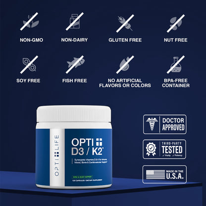 Opti + D3/K2 Supplement | Bone Health, Cardiovascular Wellness and Immune Support* Supplement | Vitamin D3 K2 Daily Support | 120 Capsules/120 Servings - dailyvitalstore