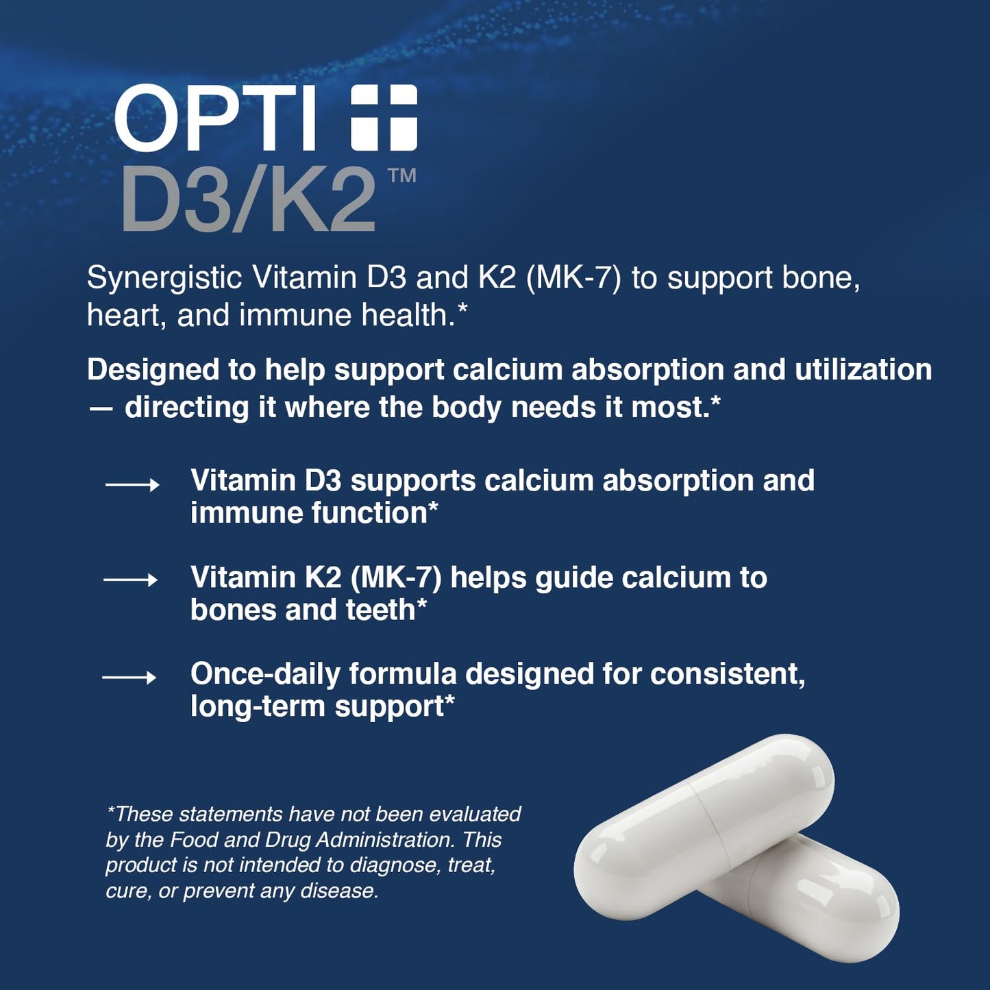 Opti + D3/K2 Supplement | Bone Health, Cardiovascular Wellness and Immune Support* Supplement | Vitamin D3 K2 Daily Support | 120 Capsules/120 Servings - dailyvitalstore