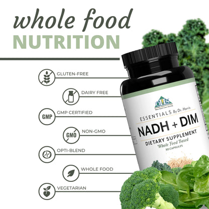 Optimal Health Systems NADH + DIM | Dr. Harris Essentials | Energy + Neurotransmitter Support | Plant-Based | Mental Clarity, Concentration, & Memory Supplement | 30 Capsules - dailyvitalstore