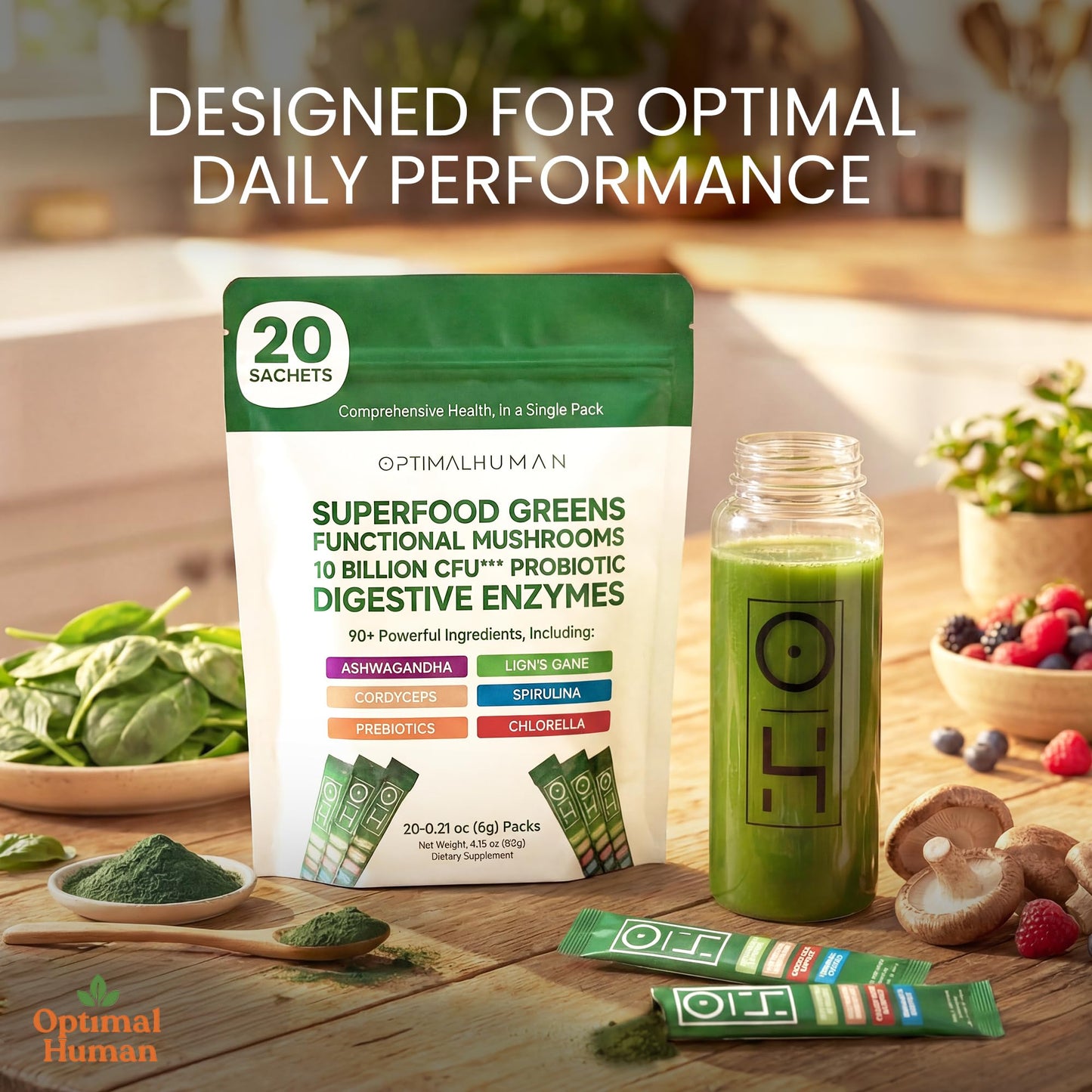 Optimal Human Superfood Greens Powder – 90+ Ingredient Blend with Lion’s Mane Supplement, Ashwagandha & Turmeric – Non-GMO, Soy-Free, Mushroom Supplements for Women – 20 Sachets - dailyvitalstore