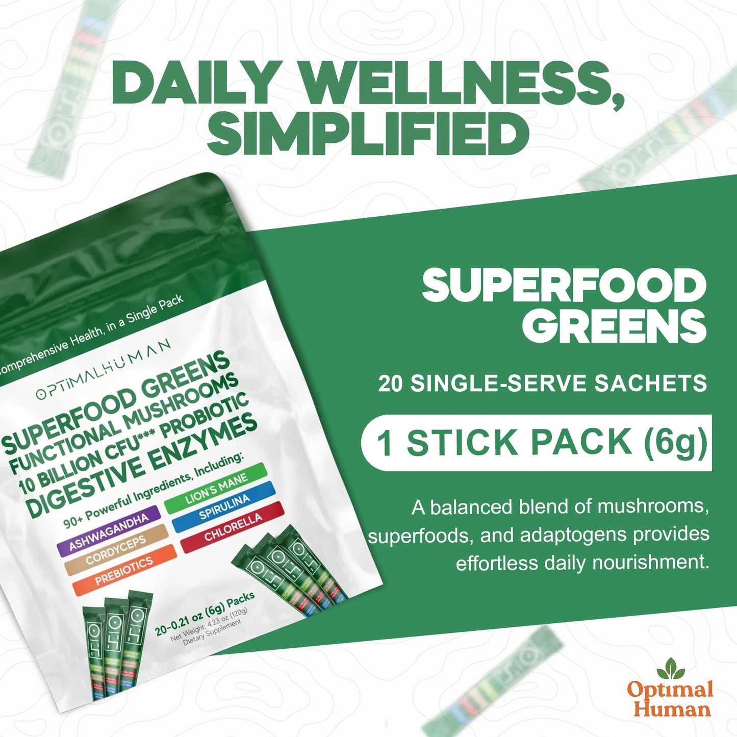 Optimal Human Superfood Greens Powder – 90+ Ingredient Blend with Lion’s Mane Supplement, Ashwagandha & Turmeric – Non-GMO, Soy-Free, Mushroom Supplements for Women – 20 Sachets - dailyvitalstore