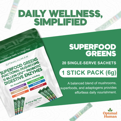 Optimal Human Superfood Greens Powder – 90+ Ingredient Blend with Lion’s Mane Supplement, Ashwagandha & Turmeric – Non-GMO, Soy-Free, Mushroom Supplements for Women – 20 Sachets - dailyvitalstore