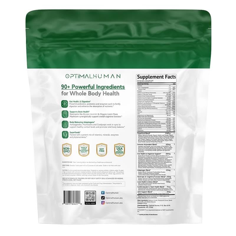 Optimal Human Superfood Greens Powder – 90+ Ingredient Blend with Lion’s Mane Supplement, Ashwagandha & Turmeric – Non-GMO, Soy-Free, Mushroom Supplements for Women – 20 Sachets - dailyvitalstore