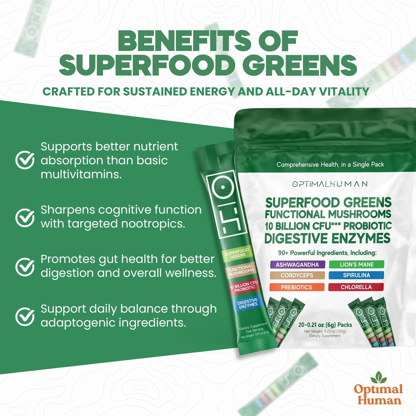 Optimal Human Superfood Greens Powder – 90+ Ingredient Blend with Lion’s Mane Supplement, Ashwagandha & Turmeric – Non-GMO, Soy-Free, Mushroom Supplements for Women – 20 Sachets - dailyvitalstore