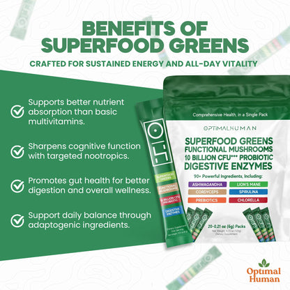 Optimal Human Superfood Greens Powder – 90+ Ingredient Blend with Lion’s Mane Supplement, Ashwagandha & Turmeric – Non-GMO, Soy-Free, Mushroom Supplements for Women – 20 Sachets - dailyvitalstore