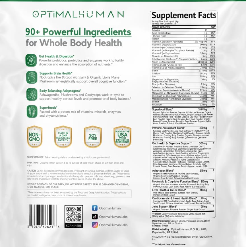 Optimal Human Superfood Greens Powder – 90+ Ingredient Blend with Lion’s Mane Supplement, Ashwagandha & Turmeric – Non-GMO, Soy-Free, Mushroom Supplements for Women – 20 Sachets - dailyvitalstore