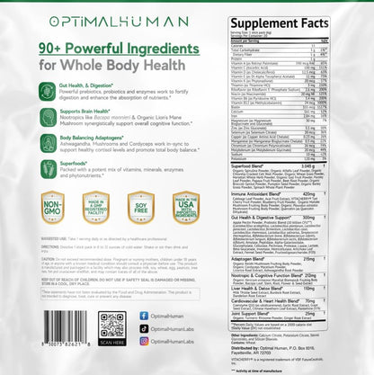 Optimal Human Superfood Greens Powder – 90+ Ingredient Blend with Lion’s Mane Supplement, Ashwagandha & Turmeric – Non-GMO, Soy-Free, Mushroom Supplements for Women – 20 Sachets - dailyvitalstore