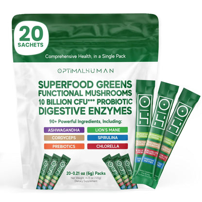 Optimal Human Superfood Greens Powder – 90+ Ingredient Blend with Lion’s Mane Supplement, Ashwagandha & Turmeric – Non-GMO, Soy-Free, Mushroom Supplements for Women – 20 Sachets - dailyvitalstore