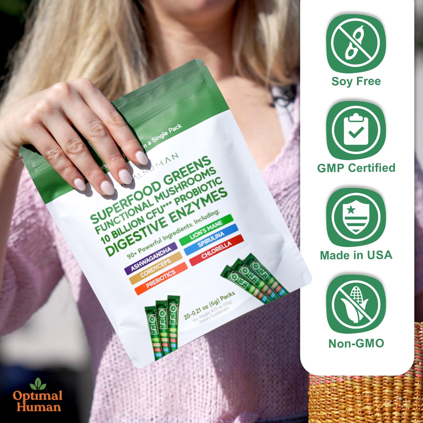Optimal Human Superfood Greens Powder – 90+ Ingredient Blend with Lion’s Mane Supplement, Ashwagandha & Turmeric – Non-GMO, Soy-Free, Mushroom Supplements for Women – 20 Sachets - dailyvitalstore