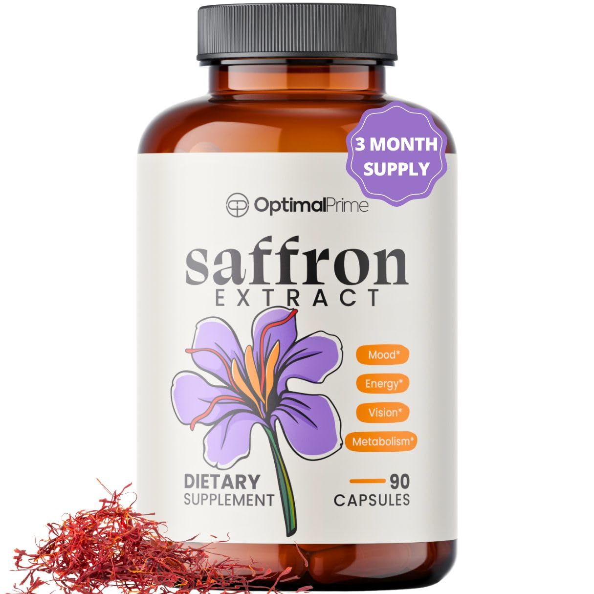 Optimal Prime Saffron Supplement - 100% Pure Saffron Extract 88.5mg - Helps Support Optimal Mood, Energy, and Metabolism, Vegetarian Friendly, Non-GMO, Gluten-Free, Soy-Free, 90 Capsules - dailyvitalstore