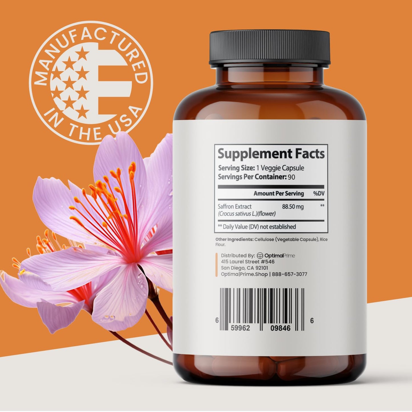 Optimal Prime Saffron Supplement - 100% Pure Saffron Extract 88.5mg - Helps Support Optimal Mood, Energy, and Metabolism, Vegetarian Friendly, Non-GMO, Gluten-Free, Soy-Free, 90 Capsules - dailyvitalstore