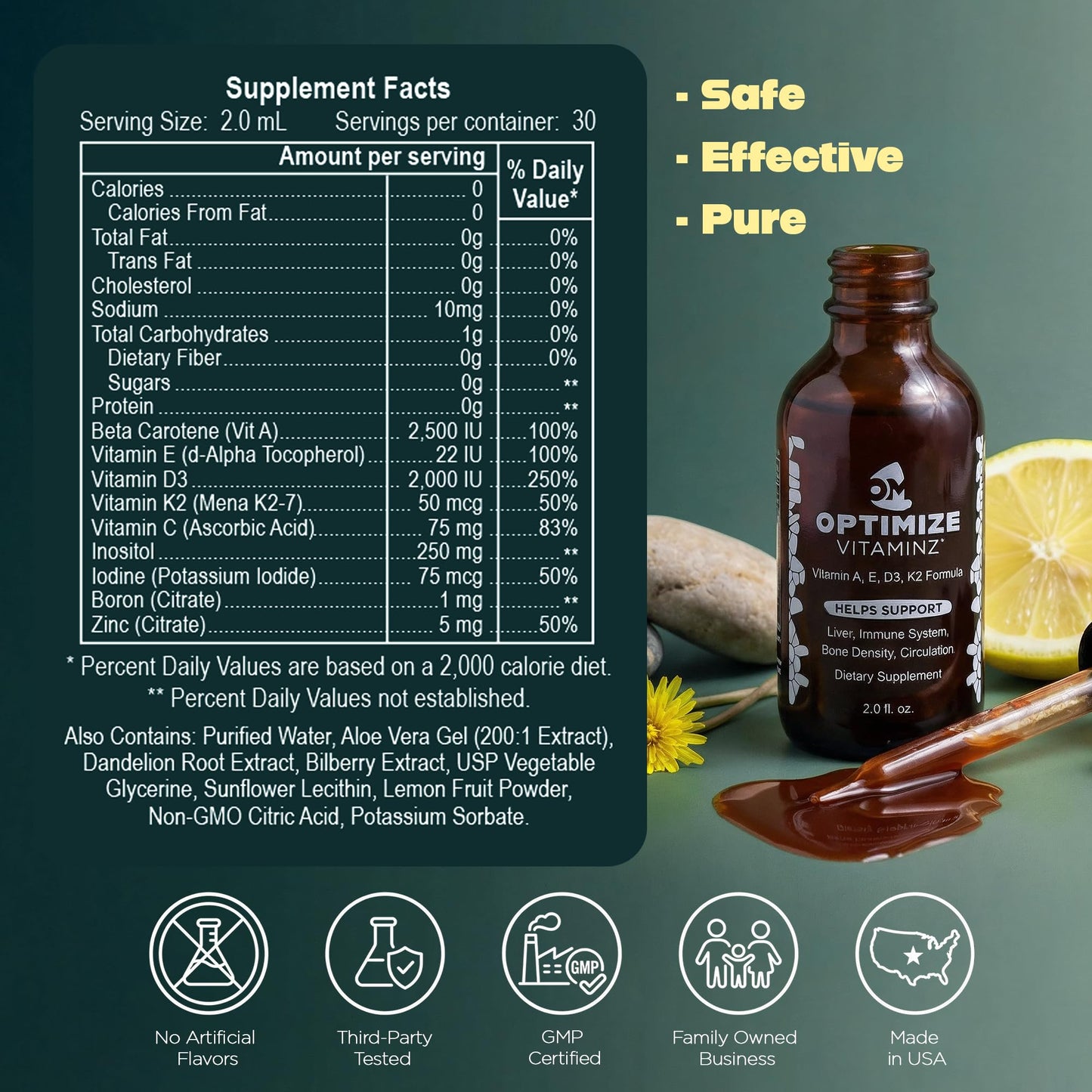 Optimize Vitaminz Liquid Vitamin D3 K2 Drops with Dandelion Root & Bilberry | Immune, Liver & Bone Support, MK-7 Formula, Fast Absorption Liquid Multivitamin, 30 Day Supply, 2 Fl Oz - dailyvitalstore