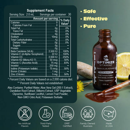 Optimize Vitaminz Liquid Vitamin D3 K2 Drops with Dandelion Root & Bilberry | Immune, Liver & Bone Support, MK-7 Formula, Fast Absorption Liquid Multivitamin, 30 Day Supply, 2 Fl Oz - dailyvitalstore