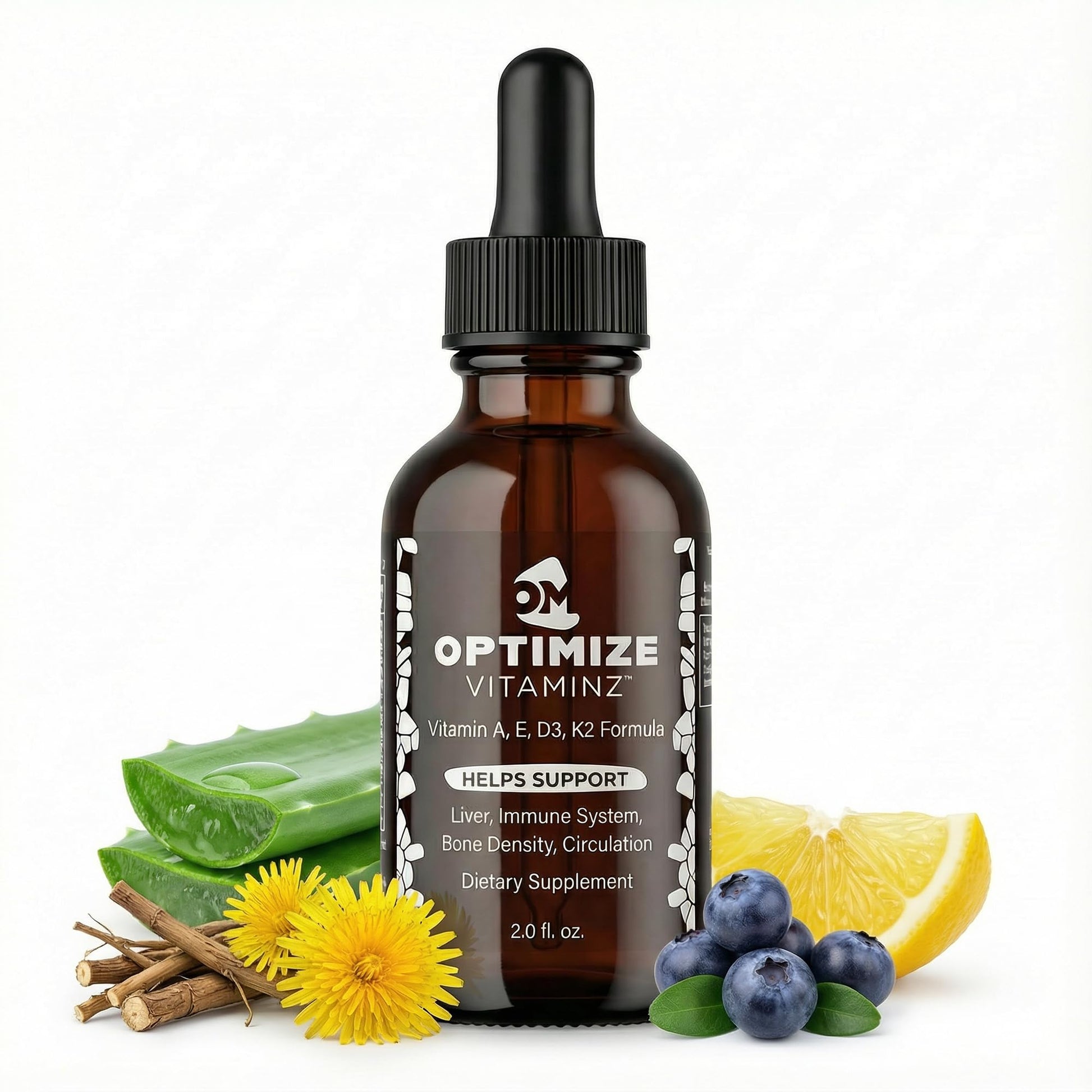 Optimize Vitaminz Liquid Vitamin D3 K2 Drops with Dandelion Root & Bilberry | Immune, Liver & Bone Support, MK-7 Formula, Fast Absorption Liquid Multivitamin, 30 Day Supply, 2 Fl Oz - dailyvitalstore