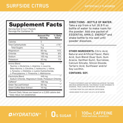 Optimum Nutrition Amino Energy Plus Hydration Packets, On-The-Go Caffiene Stick Packs - dailyvitalstore