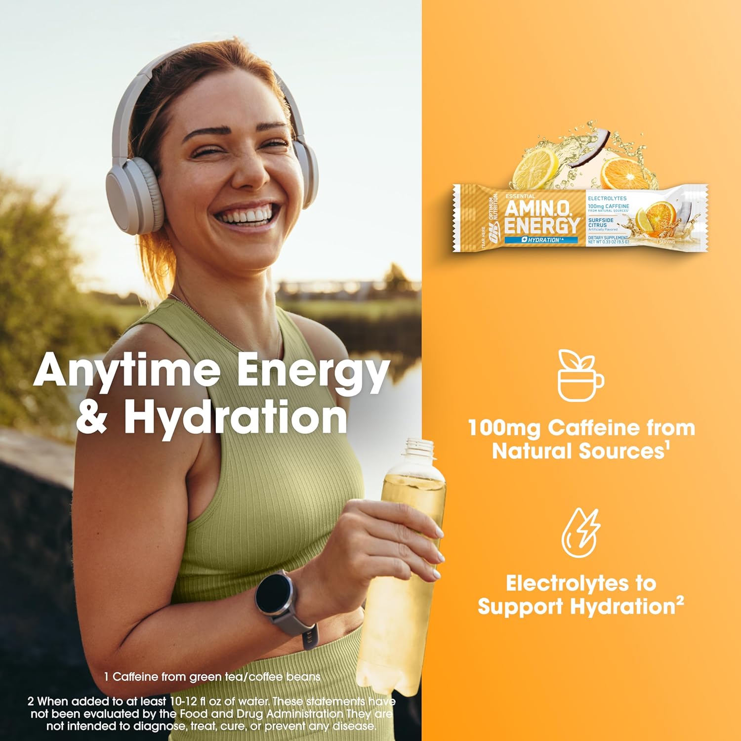 Optimum Nutrition Amino Energy Plus Hydration Packets, On-The-Go Caffiene Stick Packs - dailyvitalstore