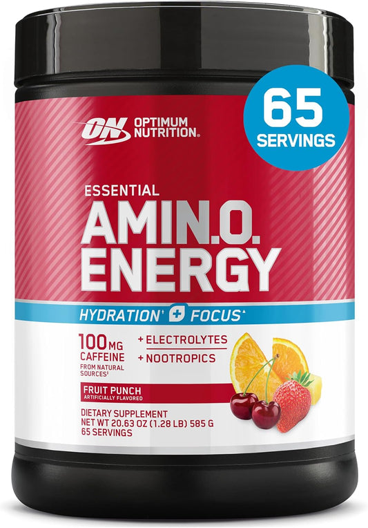 Optimum Nutrition Amino Energy Powder Plus Focus, Electrolytes, and Caffeine, Fruit Punch, 65 Servings (Packaging May Vary) - dailyvitalstore