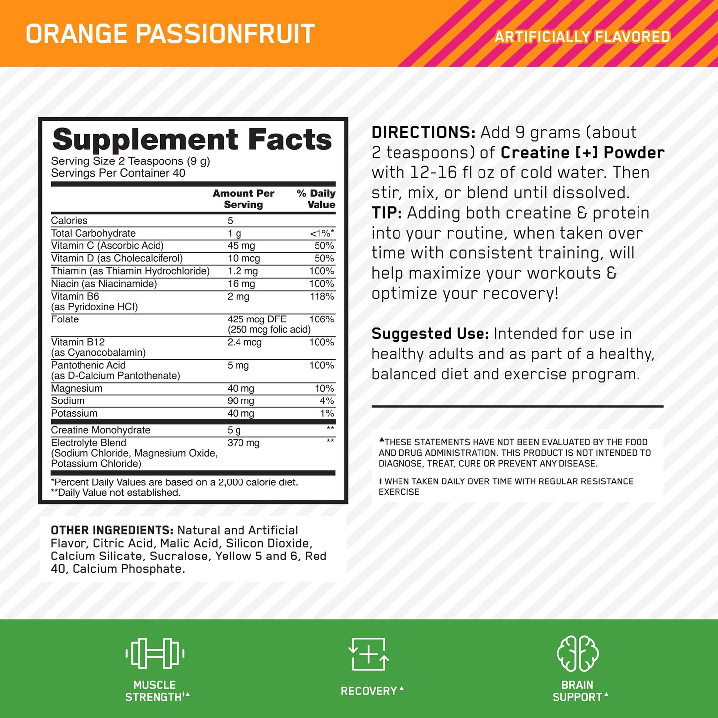 Optimum Nutrition Creatine Monohydrate Plus Powder, Orange Passionfruit Flavored Creatine Performance Blend With Electrolytes for Hydration, Added Vitamins, 40 Servings, 360 Grams (Packaging May Vary) - dailyvitalstore