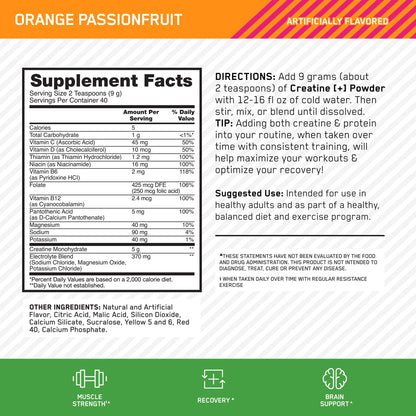 Optimum Nutrition Creatine Monohydrate Plus Powder, Orange Passionfruit Flavored Creatine Performance Blend With Electrolytes for Hydration, Added Vitamins, 40 Servings, 360 Grams (Packaging May Vary) - dailyvitalstore