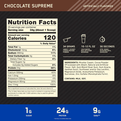 Optimum Nutrition Gold Standard 100% Micellar Casein Protein Powder, Slow Digesting, Helps Keep You Full, Overnight Muscle Recovery, Chocolate Supreme, 2 Pound (Packaging May Vary) - dailyvitalstore