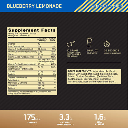 Optimum Nutrition Gold Standard Pre-Workout, Vitamin D for Immune Support, with Creatine, Beta-Alanine, and Caffeine for Energy, Keto Friendly, Blueberry Lemonade - dailyvitalstore