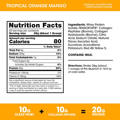 Optimum Nutrition Pro Quench, 10g Clear Protein, 10g Collagen peptides & Electrolyte Powder Drink Mix, Tropical Orange Mango, 20 Servings, - dailyvitalstore