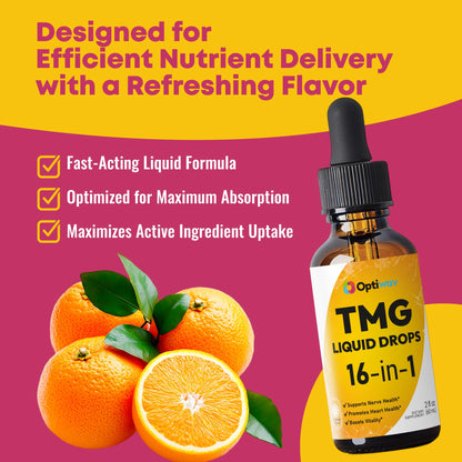 Optiwav TMG Trimethylglycine Liquid Drops - Betaine High Absorption Methylated Vitamins Supplement for Homocysteine Methylation & Heart Health Support - Orange Flavor Gluten Free Vegan - 2 fl oz - dailyvitalstore