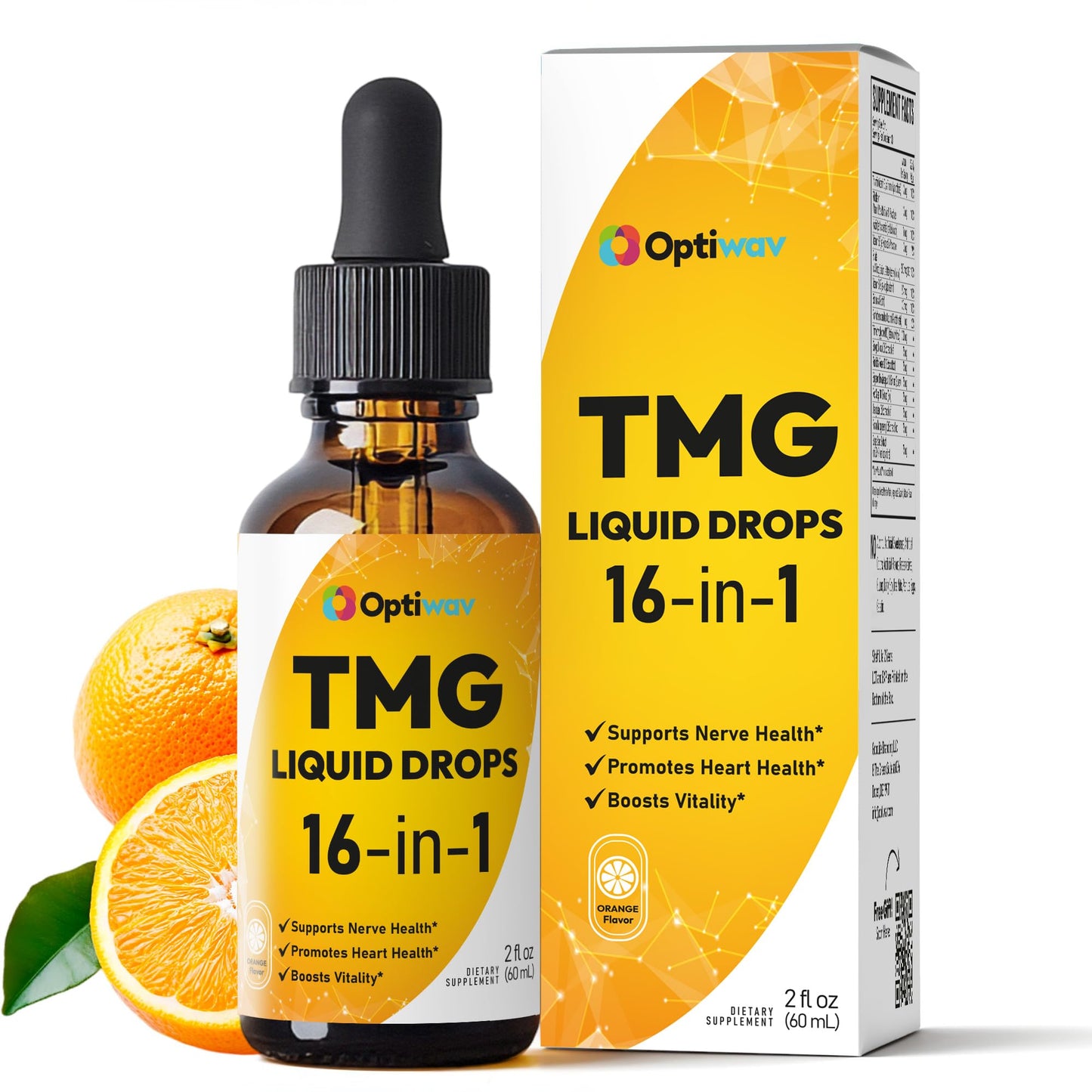Optiwav TMG Trimethylglycine Liquid Drops - Betaine High Absorption Methylated Vitamins Supplement for Homocysteine Methylation & Heart Health Support - Orange Flavor Gluten Free Vegan - 2 fl oz - dailyvitalstore