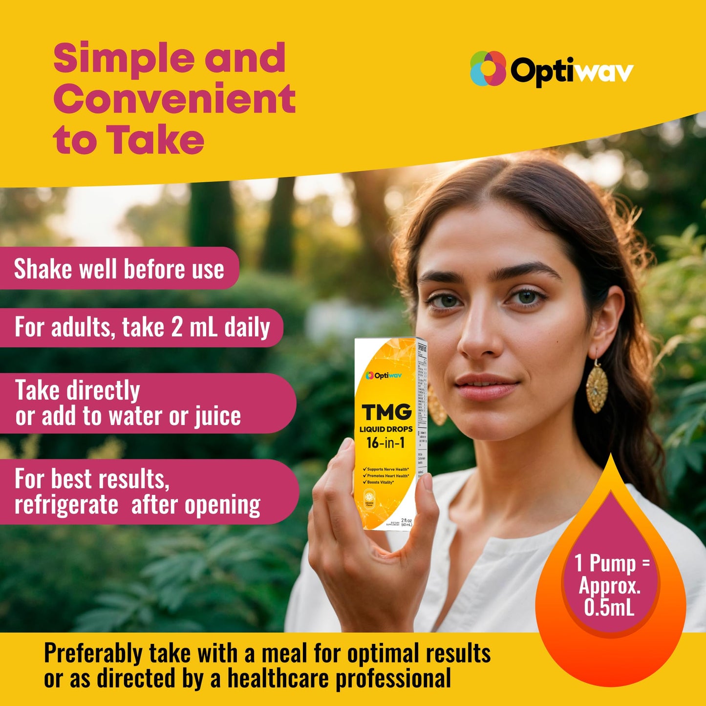 Optiwav TMG Trimethylglycine Liquid Drops - Betaine High Absorption Methylated Vitamins Supplement for Homocysteine Methylation & Heart Health Support - Orange Flavor Gluten Free Vegan - 2 fl oz - dailyvitalstore