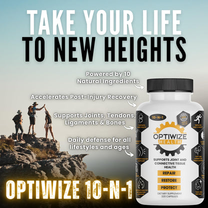 OptiWize 10-N-1 Joint Support Hydrolyzed Collagen,MSM, Hyaluronic Acid, Glucosamine,Chondroitin & More- Targets Joint Discomfort, Improves Mobility & Flexibility 320 Caps for Men & Women Made in USA - dailyvitalstore
