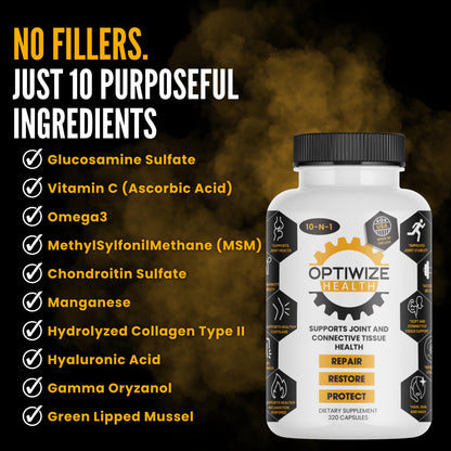 OptiWize 10-N-1 Joint Support Hydrolyzed Collagen,MSM, Hyaluronic Acid, Glucosamine,Chondroitin & More- Targets Joint Discomfort, Improves Mobility & Flexibility 320 Caps for Men & Women Made in USA - dailyvitalstore