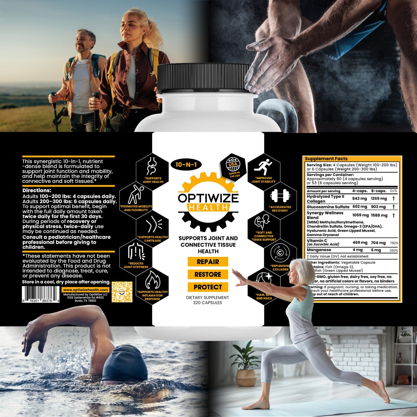 OptiWize 10-N-1 Joint Support Hydrolyzed Collagen,MSM, Hyaluronic Acid, Glucosamine,Chondroitin & More- Targets Joint Discomfort, Improves Mobility & Flexibility 320 Caps for Men & Women Made in USA - dailyvitalstore