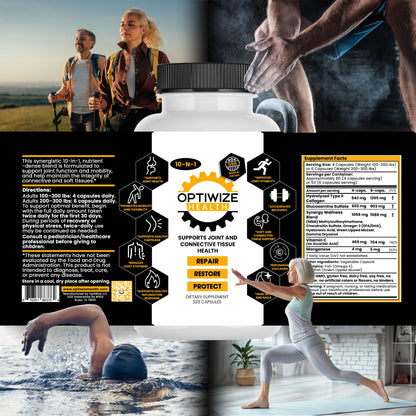 OptiWize 10-N-1 Joint Support Hydrolyzed Collagen,MSM, Hyaluronic Acid, Glucosamine,Chondroitin & More- Targets Joint Discomfort, Improves Mobility & Flexibility 320 Caps for Men & Women Made in USA - dailyvitalstore
